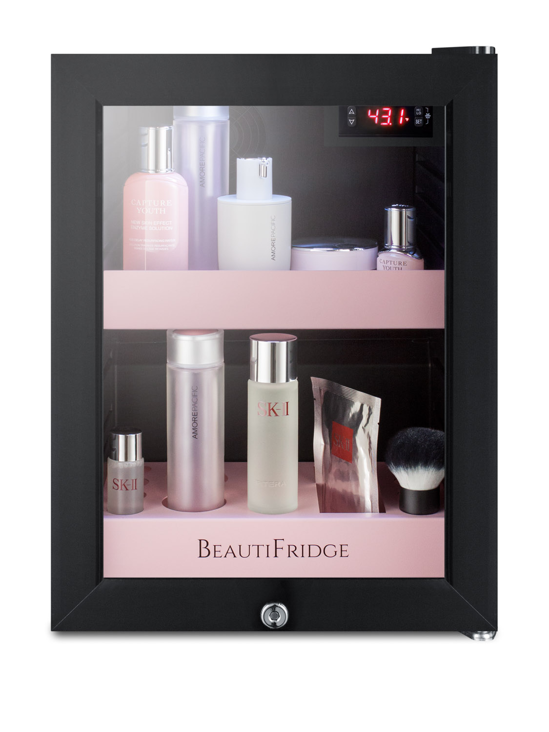 BeautiFridge compact cosmetics cooler with glass door, black cabinet, lock, matte blush pink shelves, and digital controls set for the storage of beauty products